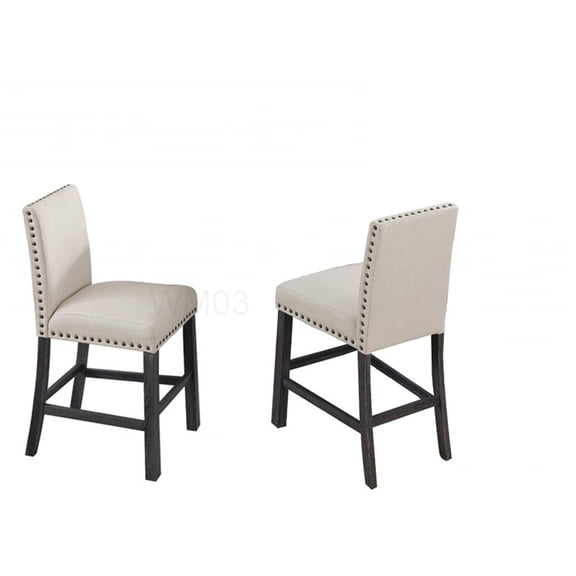 Antique Gray Leg Counter Stools Set of 2, Natural Linen Upholstery and Bronze Nailheads