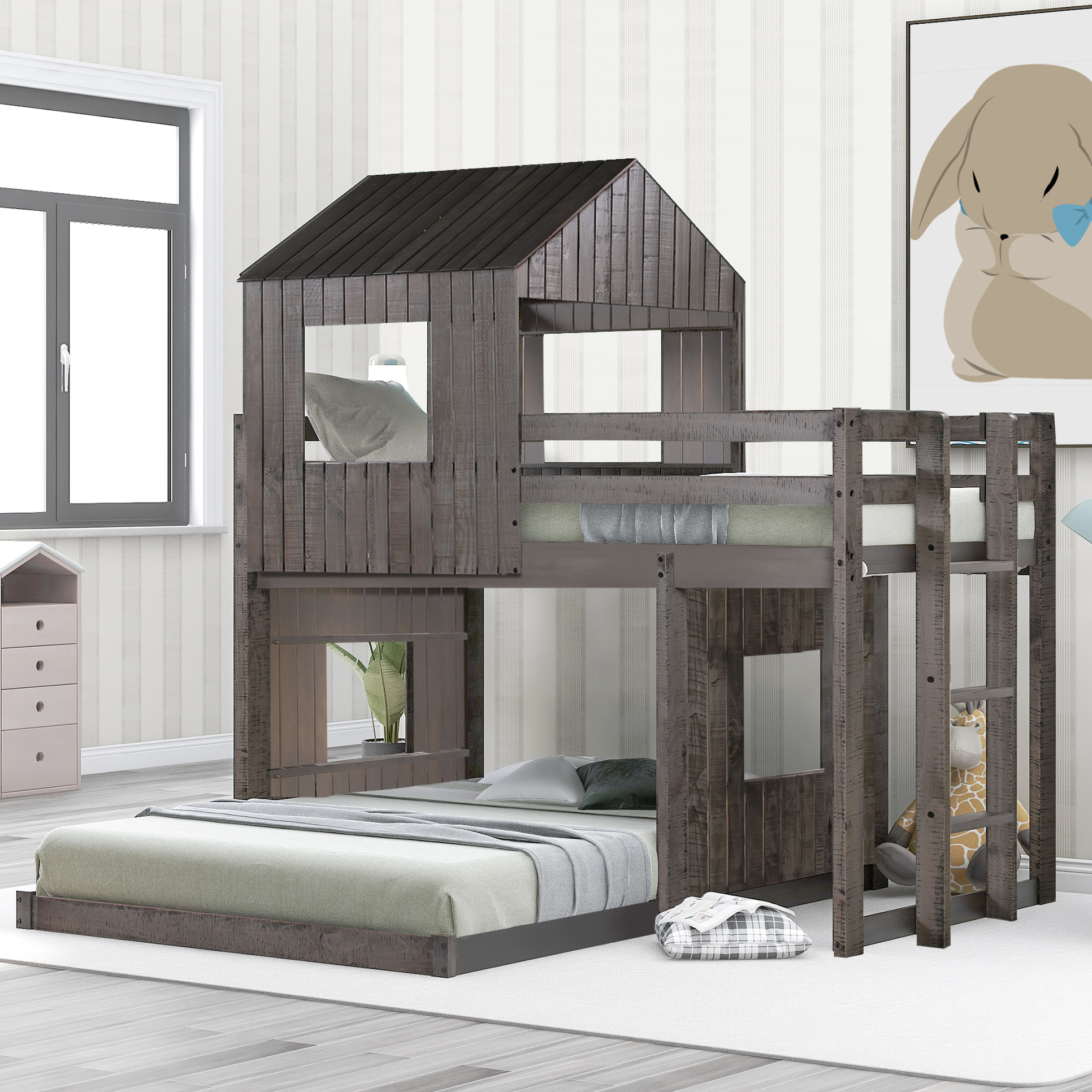 Antique Gray Loft Bed With Playhouse, Wooden Twin Over Full Bunk