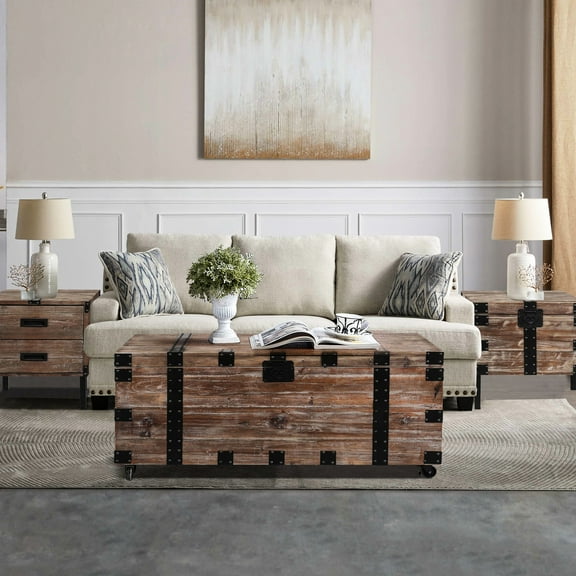 Antique Gray Side Table And Trunk S/3 - Solid Wood With Considerable Storage Reclaimed Theme Lavish Inner