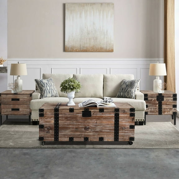 Antique Gray Side Table And Trunk S/3 - Solid Wood With Spacious Inner Room Abundant Interior Space