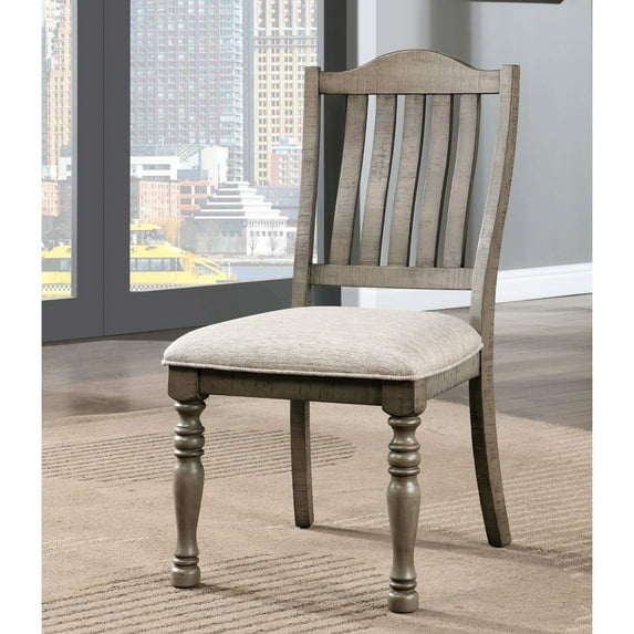 Antique Gray Solid Wood Dining Chairs, 2pcs, With Fabric Seat And Turned Legs, Mid-century Modern Transitional Design Style Cushion Curved For