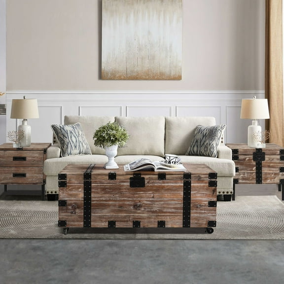 Antique Gray Trunk Table And Side S/3 - Solid Wood With Sumptuous Inner Storage Room Profuse