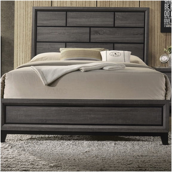 Antique Gray Wood King Bed Frame with Upholstered Style Headboard, Box Design for Master Suite