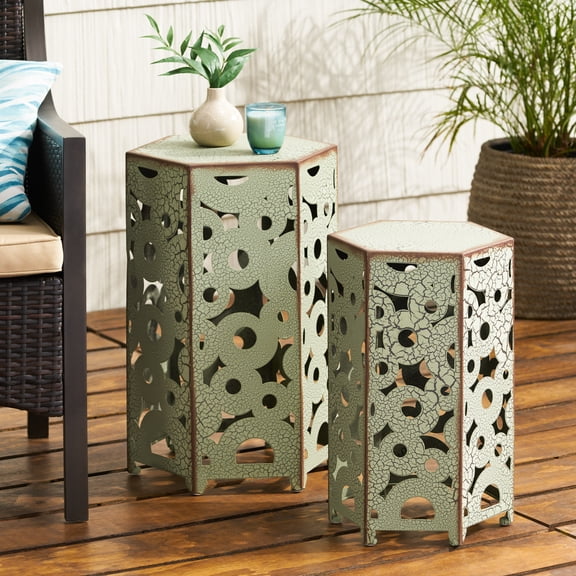 Antique Green Iron Accent Tables Set of 2 for Living Room, Narrow End Table for Small Space, 22 Inch Tall Side Table with Intricate Patterning, SELVA Accent Table