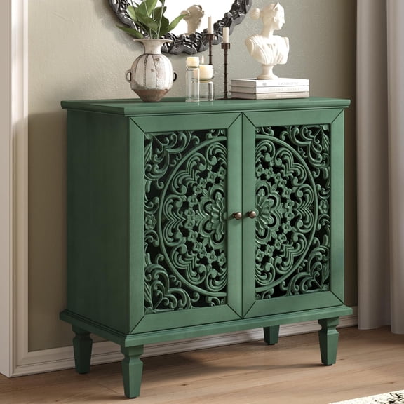 Antique Green Sideboard Buffet Accent Credenza Storage Cabinet with 2 Hollow Floral Carved Doors Small Modular Console Table for Kitchen Living Room Entryway 31.5 Inch