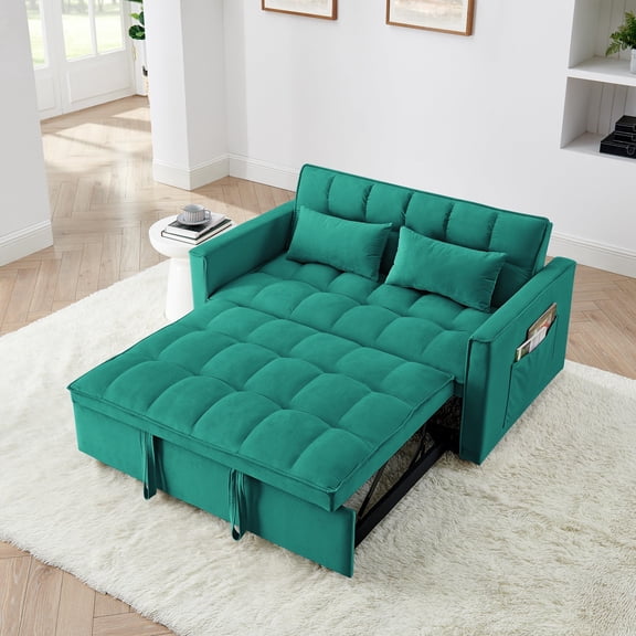 Antique Green Velvet Sofa Bed, 54 Inch Modern Foldable Pull Out Sleeper Couch with Adjustable Backrest, Tufted Convertible Loveseat for Living Room