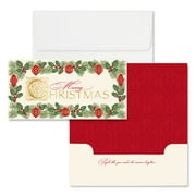 Antique Greenery Ornaments Holiday Money Card Holders / Gold Foil Gift 7" x 3 5/8" Cash Check Holders With White Envelopes / 6 Red Merry Christmas Cards