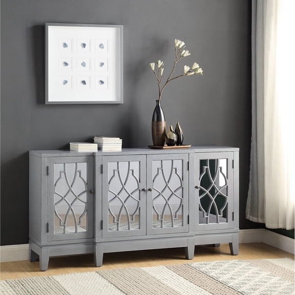 Antique Grey Console Cabinet With 4 Doors And Shelves, Mirror Front Door, Tapered Leg, 60"x32"x15", 93 Lb Cabinet, Door Shelves Inside, Front, 60" Width X 32" Height 15" Depth, Lbs