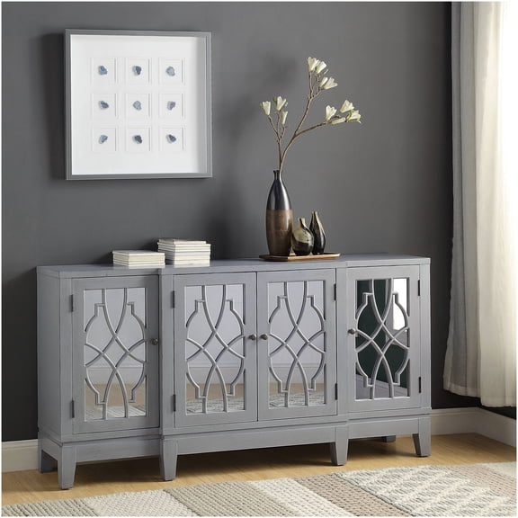 Antique Grey Console Table with Mirror Doors and Storage Shelves, Sofa Table with 4 Door Cabinet for Living Room