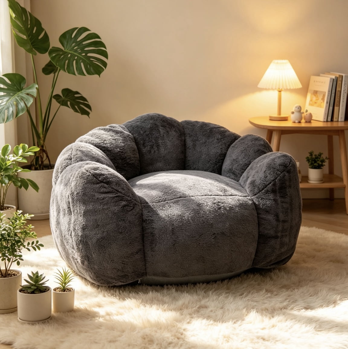 Antique Grey Faux Rabbit Fur Large Petal Floor Lounge Chair for Living Room Bedroom Game Room