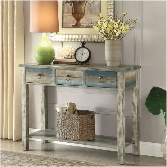 Antique Grey Teal 3-Drawer Console Table with Storage Shelf for Entryway or Living Room