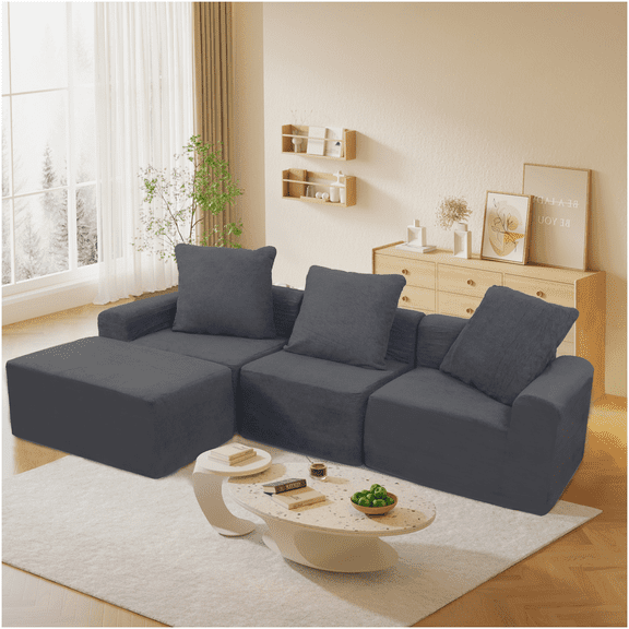 Antique Grey Velvet Modular Sofa Set, 3-Piece Convertible Sectional with Washable Covers