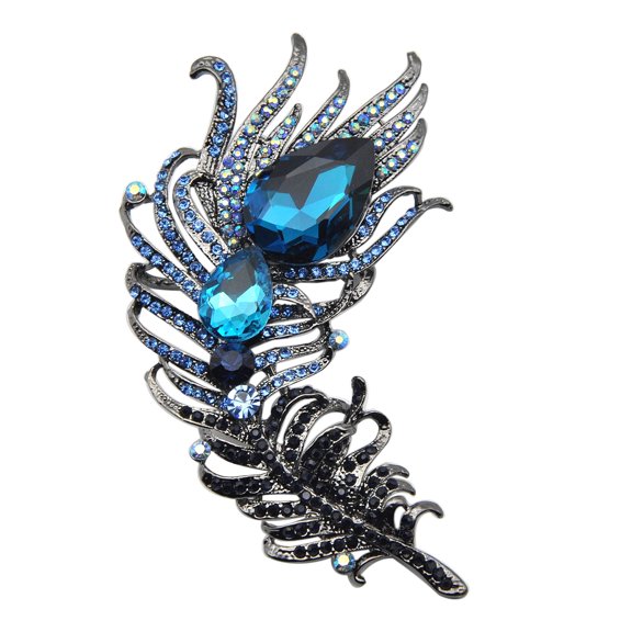 Gyn&Joy Antique Gun Metal Tone Peacock Feather Turquoise Rhinestone Crystal Brooch Pin