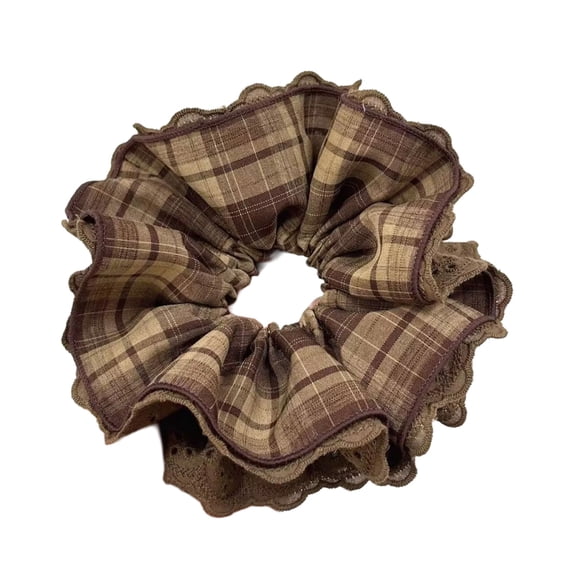 Antique Hair Scrunchie Coffee Checkered Pattern Breathable Lace Hairtie Nonslip Design Women Girl Hair Styling Accessory