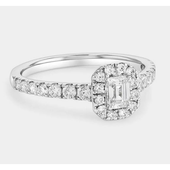 Antique Halo Plated White Gold Diamond Ring 1 Ct Moissanite Diamond Emerald Cut Women's Proposal Ring