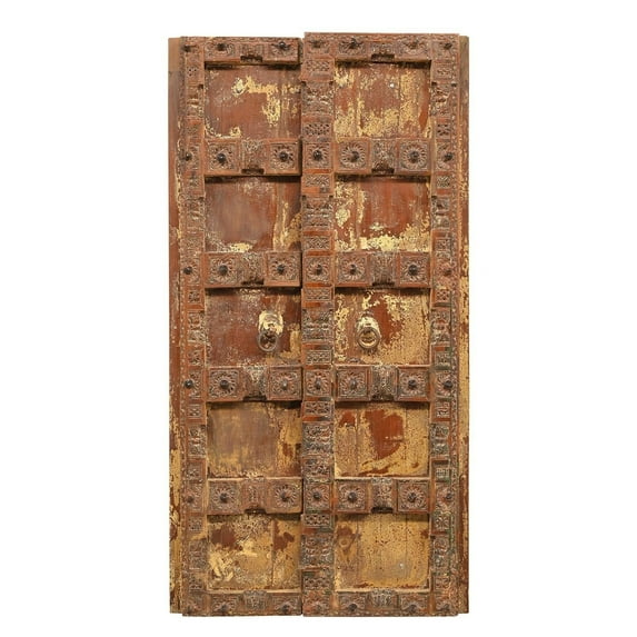 Antique Hand Carved Teak Wood Distressed Painted Surati Door Wall Art | Vintage Handmade Farmhouse Solid Wood Reclaimed Wall Door