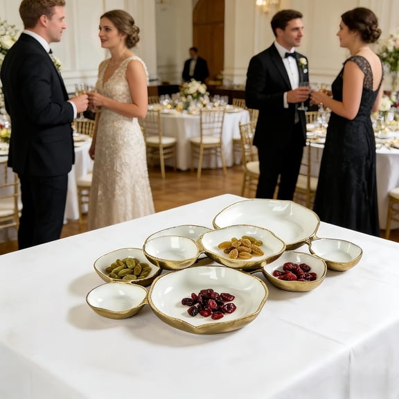 Antique Hand-Crafted Cluster Serving Tray – 9 Round Decorative Bowls, Ideal for Chip & Dip, Olives & Wedding Party Table Decor-White