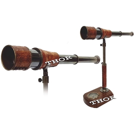 Antique Handmade Telescope Brown Leather W/Compass Wooden Base Desktop Decorative