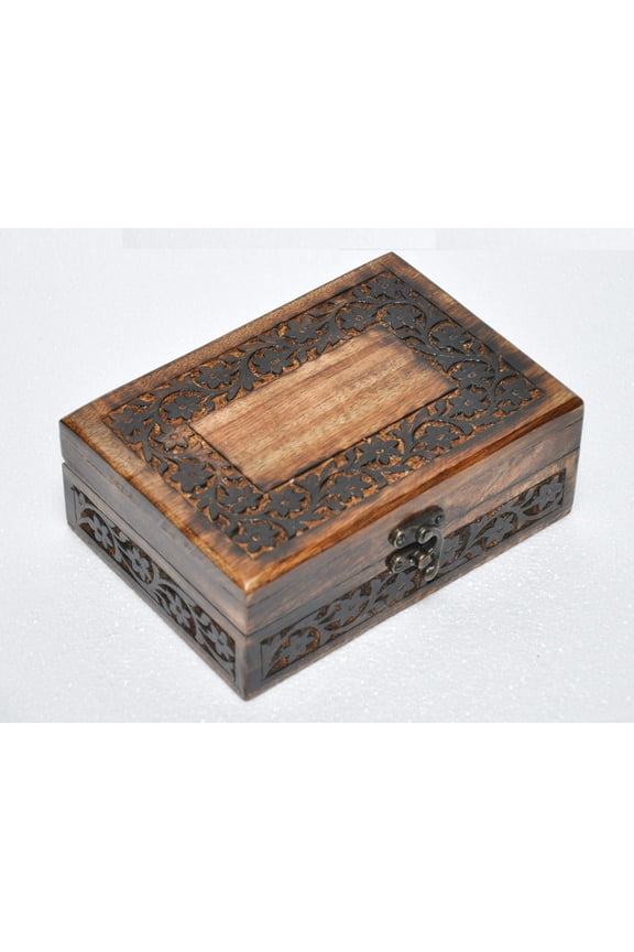 Antique Handmade Wooden Engraving Hand Carved Jewellery Box for Women-Men Jewel | Home Decor Accents | Decorative Boxes | Storage & Organiser (7" x 5" x 2.5", Antique Border)
