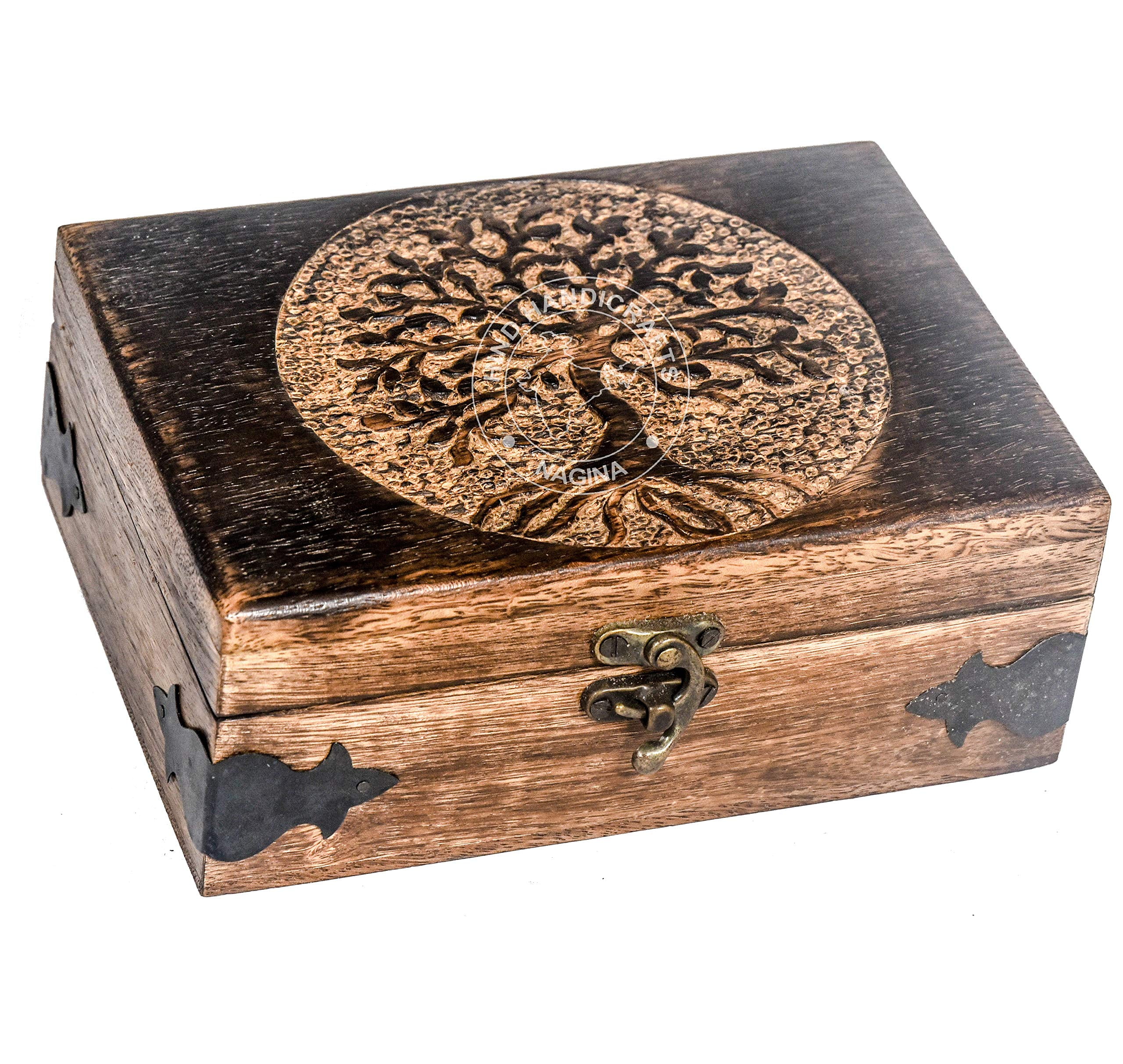 Mango Wood Tree Of Life Handcarved Jewelry Box - Handmade Wooden Keepsake Box, 8x5x3 Inches