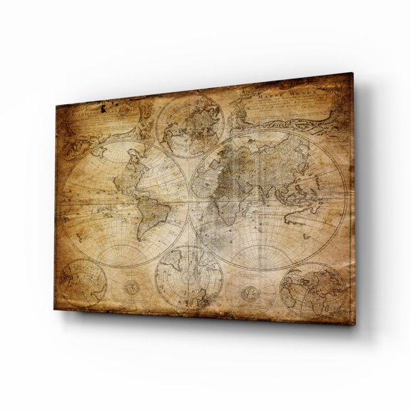 Antique Hemisphere Cartography World Map Glass Wall Art