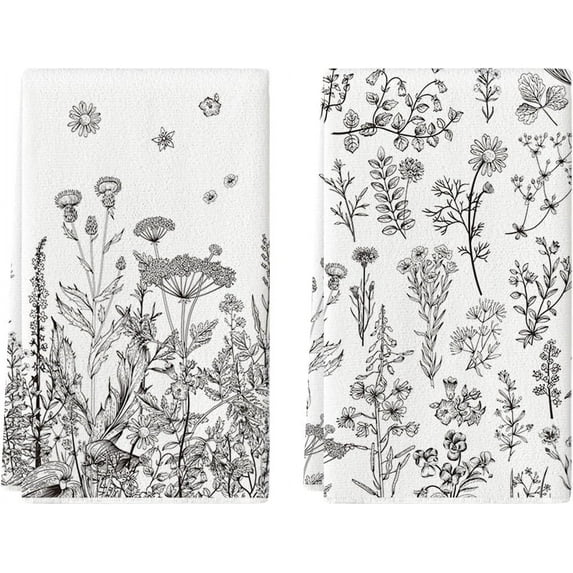 Antique Herbs Wild Flowers Leaves Spring Kitchen Towels Dish Towels, 18x26 Inch Seasonal Decoration Hand Towels Set of 2