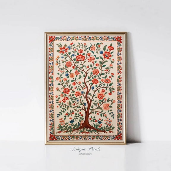 Antique Indian Textile Poster, Traditional India Tapestry Wall Decor, Vintage Palempore Poster, Flowers Pattern Wall Decor, 754, Unframed Poster Size 8x12