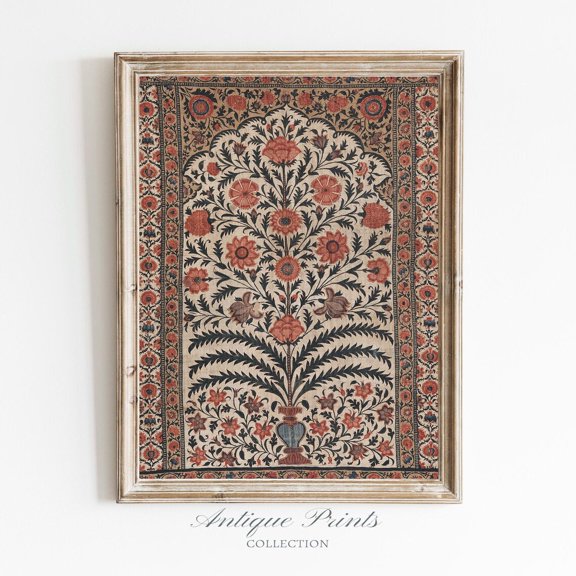 Antique Indian Textile Print, Traditional India Tapestry Wall Decor, Vintage Palempore Print, Birds Flowers Pattern Wall Decor, Home Decor #85, 8x12 UNFRAMED