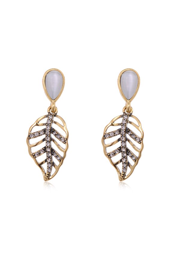 Antique Inspired Golden Leaf Skeleton Earrings with Grey Opal Like Stone Detail