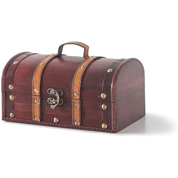 Antique-Inspired Wooden Treasure Chest, Vintage-Style Decorative Storage Box with Straps and Handle, Versatile Wood Keepsake Trunk