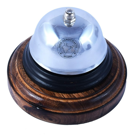 Antique Iron Table Call Bell with Mango Wood Base - Desk Service Bell for Kitchen Restaurant Office Hotel Bar by Hind Handicrafts