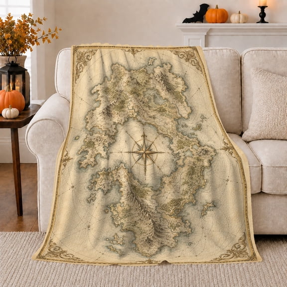 Antique Island Map with Compass Rose, Vintage Explorer Style for Map Lovers, Sepia Coastline Chart and Father's Day Gift, Soft Flannel Blanket for Study and Den, Nautical Home Decor