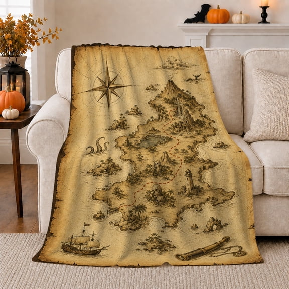 Antique Island Map With Lighthouse, Cozy Flannel Blanket for Nautical Map Enthusiasts, Adventurous Antique Cartographic Illustration Art Home Decor for Study and Living Room, Retirement Gift