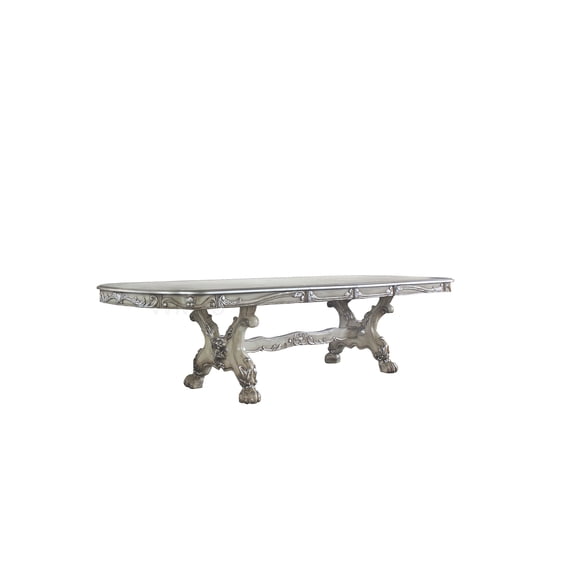 Antique Ivory Expandable Dining Table with Floral Carving, Vintage Style Synthetic Wood Kitchen Table
