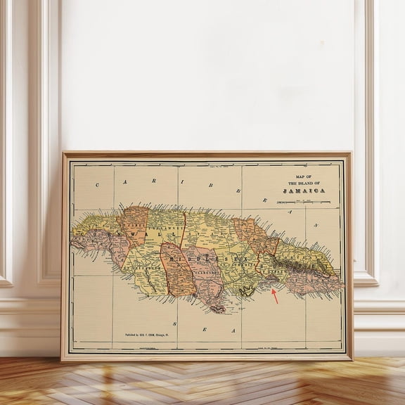 Antique Jamaica Map Vintage Island Cartography Wall Art, Unframed Canvas 8x10in