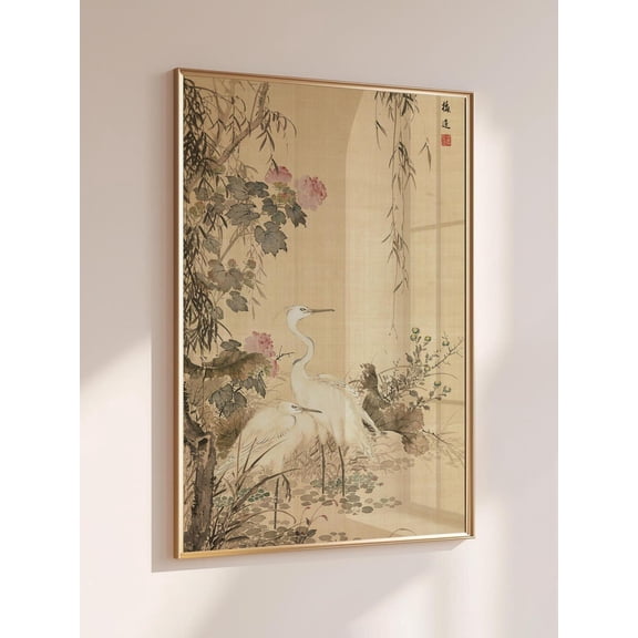 Antique Japanese Art Poster: Egrets, Peonies & Willows, Unframed Canvas Size 24x36