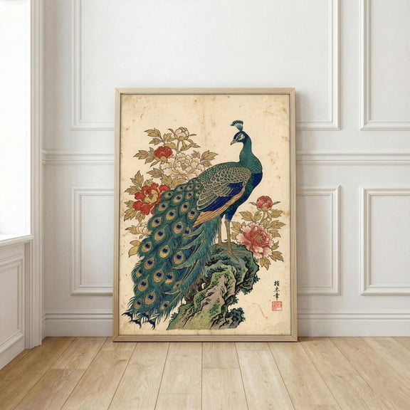 Antique Japanese Peacock Art Kacho E Bird Print Vintage Scroll Wall Decor Red Peony Aged