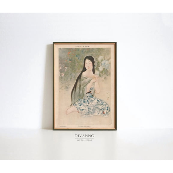 Antique Japanese Woman Art The Time When Ajisai Bloom Woodblock Vintage Japan Asian Wall Art Oriental Home Decor