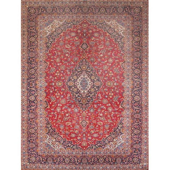 Antique Kashan Collection Red Lamb's Wool Area Rug- 9'10' X 13' 1'