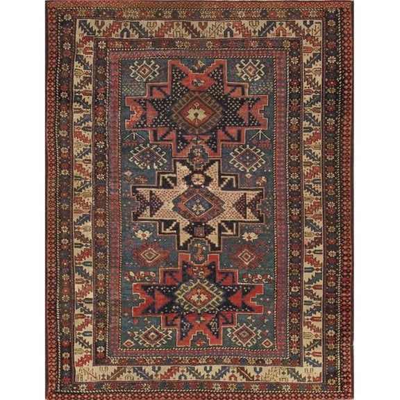 Antique Kazak Collection Green Lamb's Wool Area Rug- 3' 8' X 4'10'