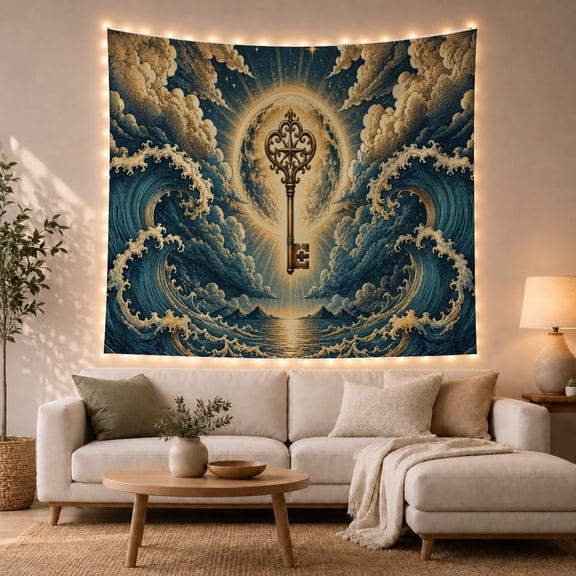 Antique Key Over Radiant Glowing Orb and Ocean Waves Mystical Fantasy for Ocean Lovers Celestial Ocean Wall Art Housewarming Gift Tapestry Wall Hanging for Bedroom, Living Room and Dorm