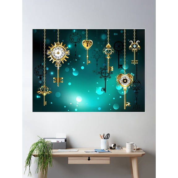 Antique Keys On Green Background ( Steampunk ) Poster Wall Art, Modern Wall Decor For Living Room Bedroom, 8x12 UNFRAMED