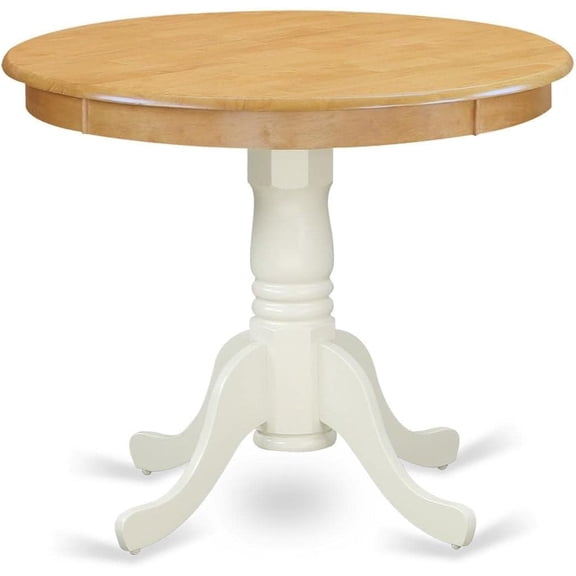 Antique Kitchen Dining Table - a Round Wooden Table Top with Pedestal Base, 36x36 Inch, Oak & Linen White
