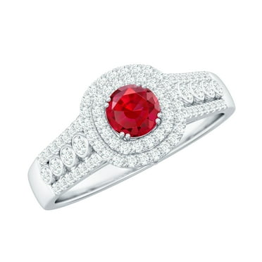 Rosec Jewels Antique Lab Created Ruby Ring with Moissanite Double Halo (AAAA Grade), 925 Sterling Silver, US 4.00