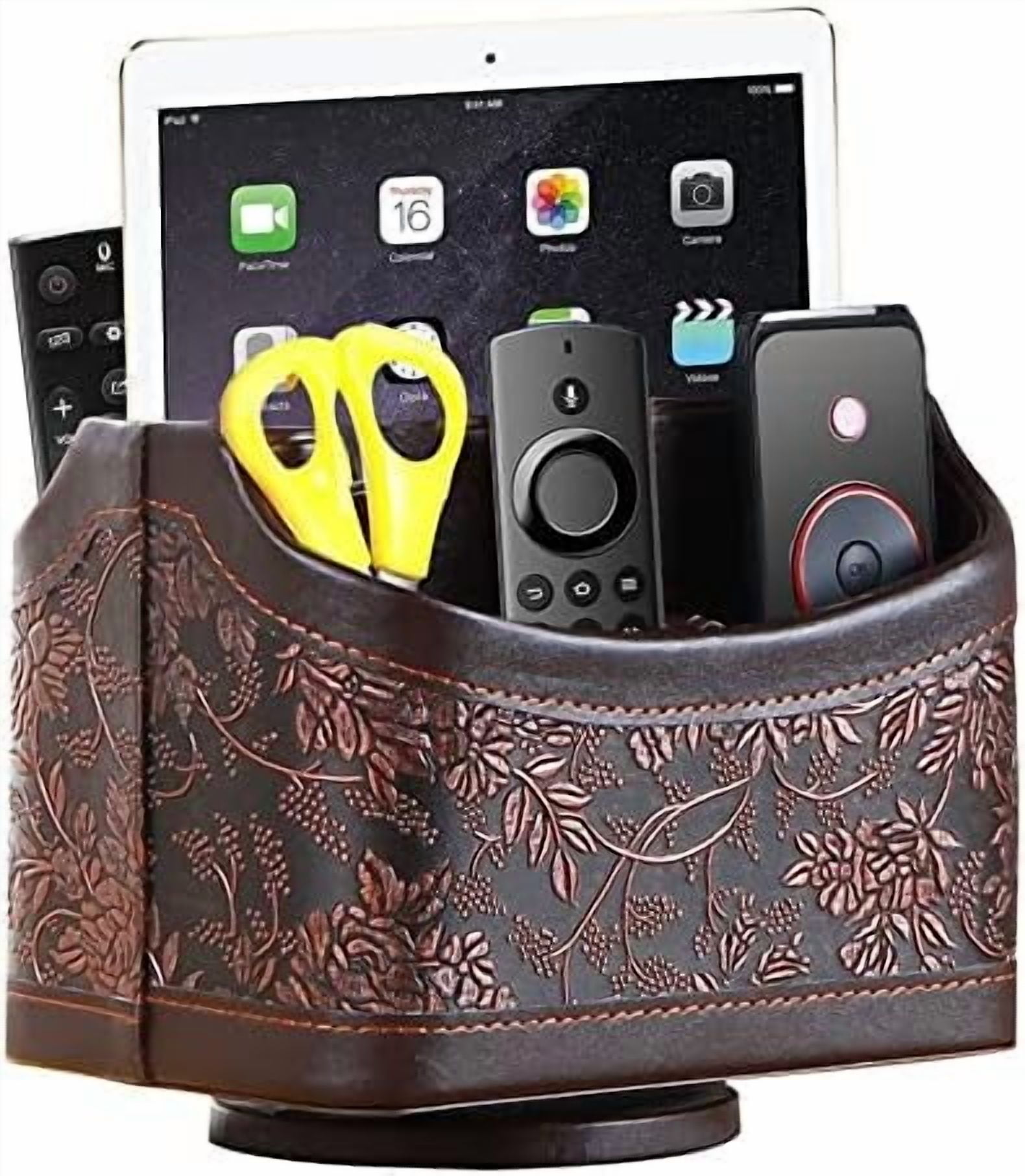Antique Leather Remote Control Holder, 360 Degree Spinning Desk TV Remote Caddy/Box, Bedside Table Organizer for Controller, Media, Calculator, Mobile Phone and Pen Storage