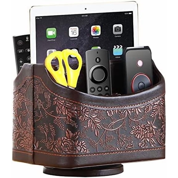 Antique Leather Remote Control Holder, 360 Degree Spinning Desk TV Remote Caddy/Box, Bedside Table Organizer for Controller, Media, Calculator, Mobile Phone and Pen Storage