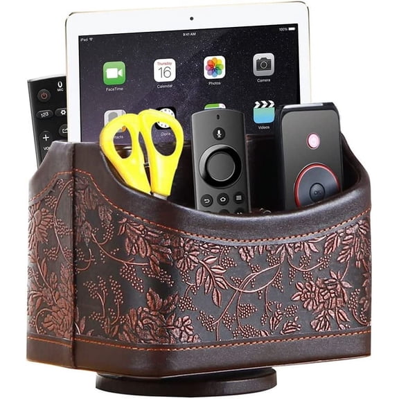 Antique Leather Remote Control Holder, 360 Degree Spinning Desk TV Remote Caddy/Box, Bedside Table Organizer for Controller, Media, Calculator, Mobile Phone and Pen Storage