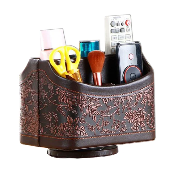 Antique Leather Remote Control Holder, 360 Degree Spinning Desk TV Remote Caddy/Box, Bedside Table Organizer for Controller, Media, Calculator, Mobile Phone and Pen Storage