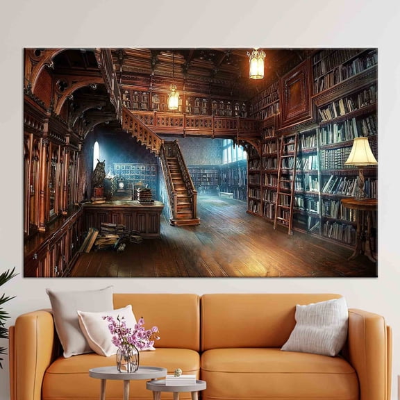 Antique Library Bookshelves Wall Art Print, Unframed Paper Poster 24x36in