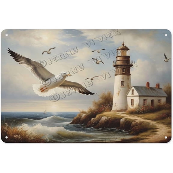 Antique Lighthouse Aluminum Metal Sign, 8 x 12 Inches, Adds Rustic Appeal to Your Kitchen, Garden, or Pub with a Vintage Nautical Style, Perfect for Beach House Decor
